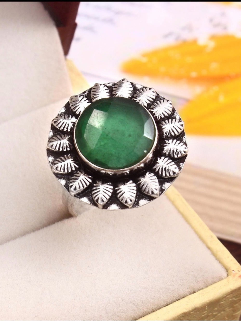 Faceted emerald 925 sterling silver ring